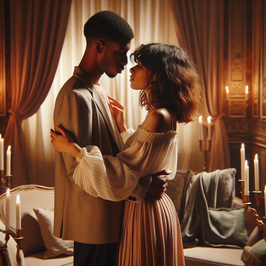 A romance scene set in a candlelit room, where a couple shares a tender and passionate embrace.