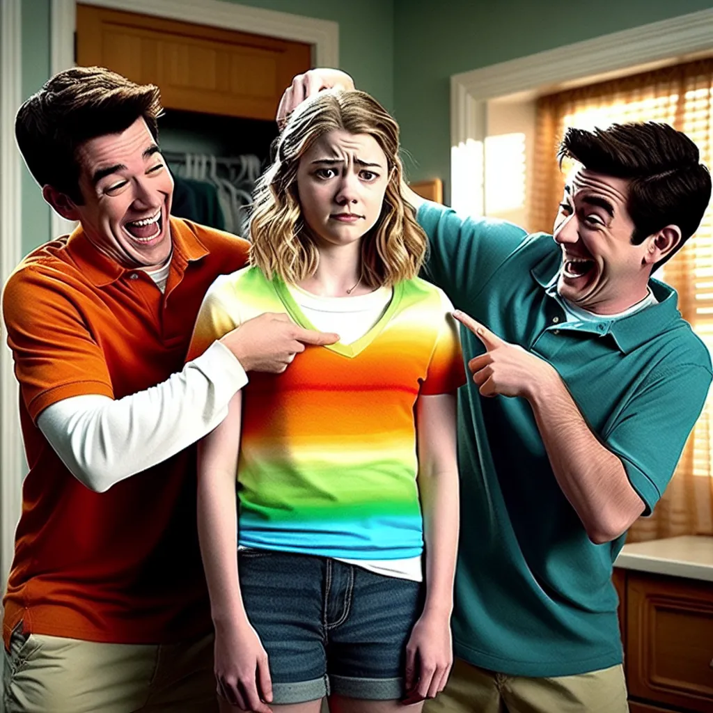 The image accompanying this story should depict a humorous scene featuring Emily, Chris, and Tim. The three siblings should be standing together, with Emily in the middle, visibly shocked and staring down at her enhanced bust. Chris and Tim should be on either side of her, grinning mischievously, perhaps with exaggerated gestures or mock gestures towards Emily's chest. The scene should have a lighthearted and comedic tone, capturing the absurdity of the situation.