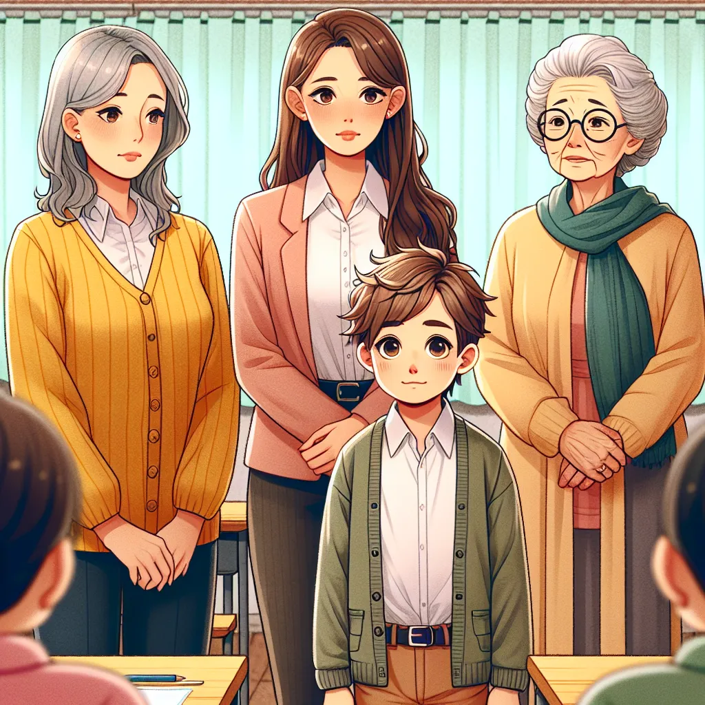 A young boy named Ethan stands alongside his mom, Aunt Jennifer, and Grandma Maggie in a classroom. His teacher, Ms. Thompson, looks on with concern.