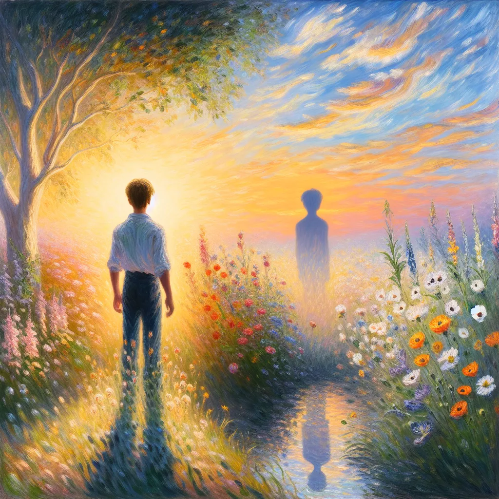 Boy, Transformation, Identity, Growth, Acceptance in the style of Monet