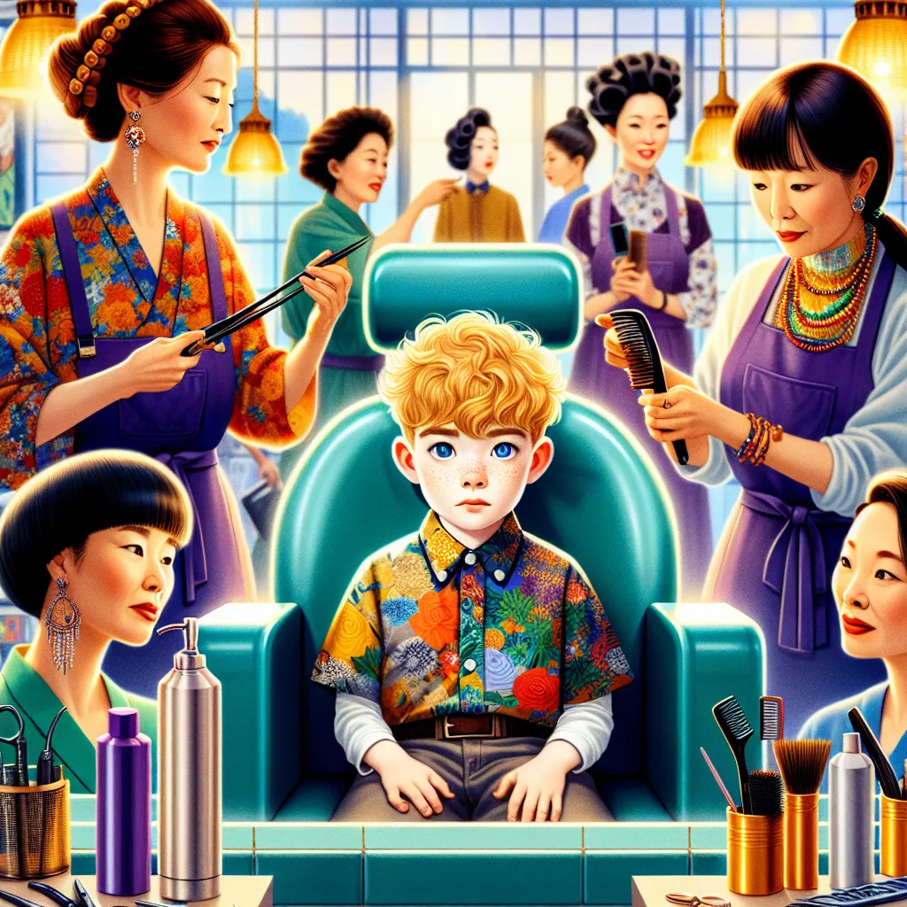 An illustration of the young boy Caleb, with honey blond hair and blue eyes, sitting in the salon chair surrounded by the five Korean women stylists, each with their distinct hairstyles, outfits, and jewelry. The salon setting is vibrant, with sunlight streaming through the windows and hairstyling tools around. Caleb, in his teal plastic chair, appears intrigued and slightly nervous as he interacts with the stylists, showcasing a moment of a mysterious body-swap unfolding amid the bustling salon
