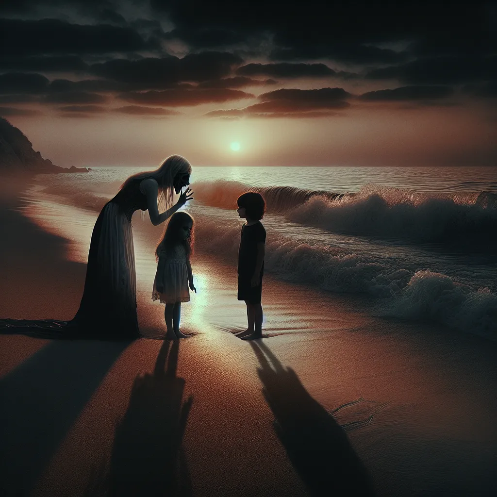 A dark, eerie beach scene at sunset. The waves gently roll onto the shore as a young girl whispers arcane words under her breath. Her younger brother stands nearby, unaware of the impending transformation that will unravel his reality. The image captures the suspense and horror surrounding their fates as the sun sets, casting long shadows across the desolate beach.