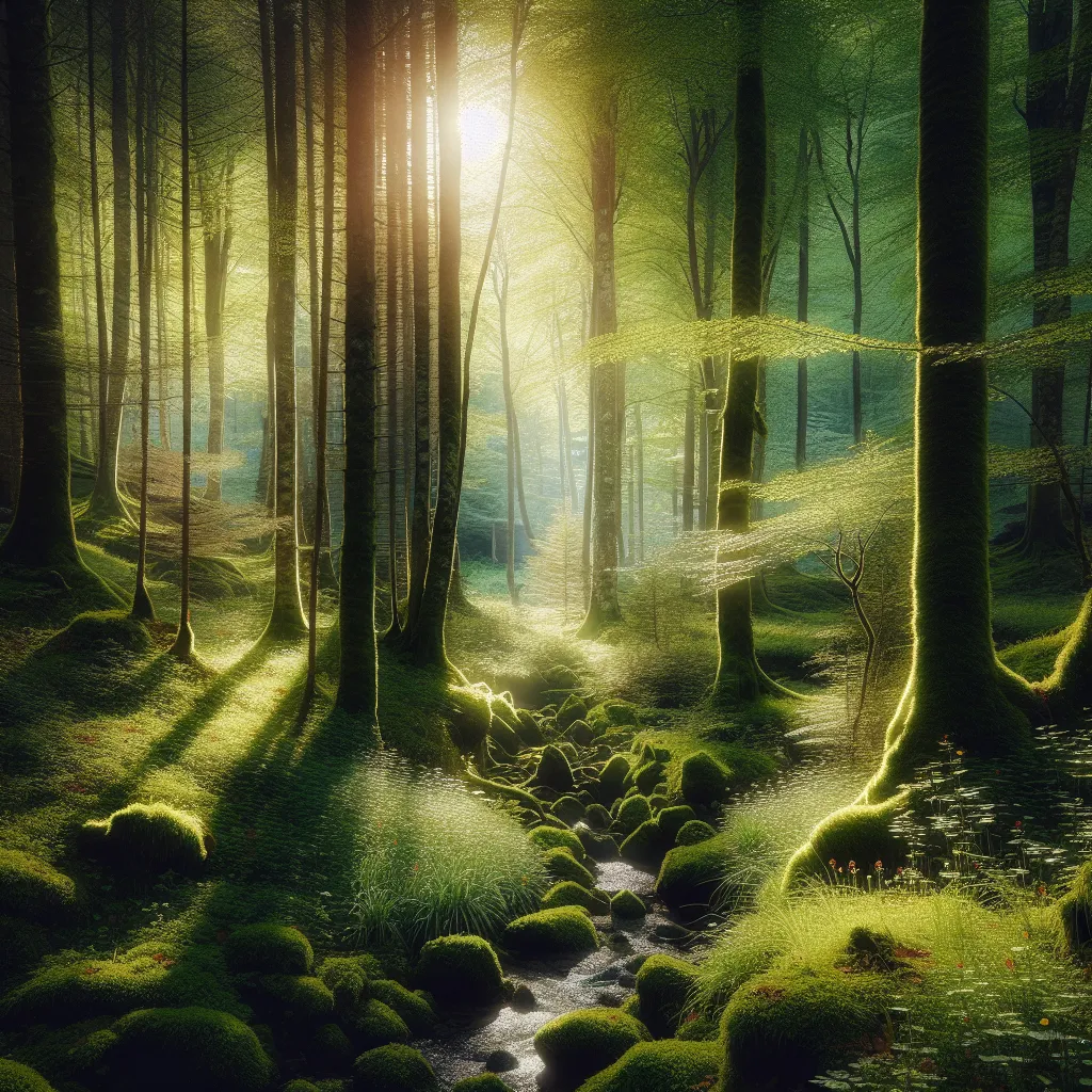 Title: "The Serenity of the Forest"

Description: A peaceful forest scene featuring sunlight filtering through dense trees, creating a serene atmosphere. Birds chirp softly, and a small stream trickles through moss-covered rocks. Lush greenery and colorful wildflowers line the forest floor. The image captures the tranquility and beauty of nature, evoking a sense of calm and escape.