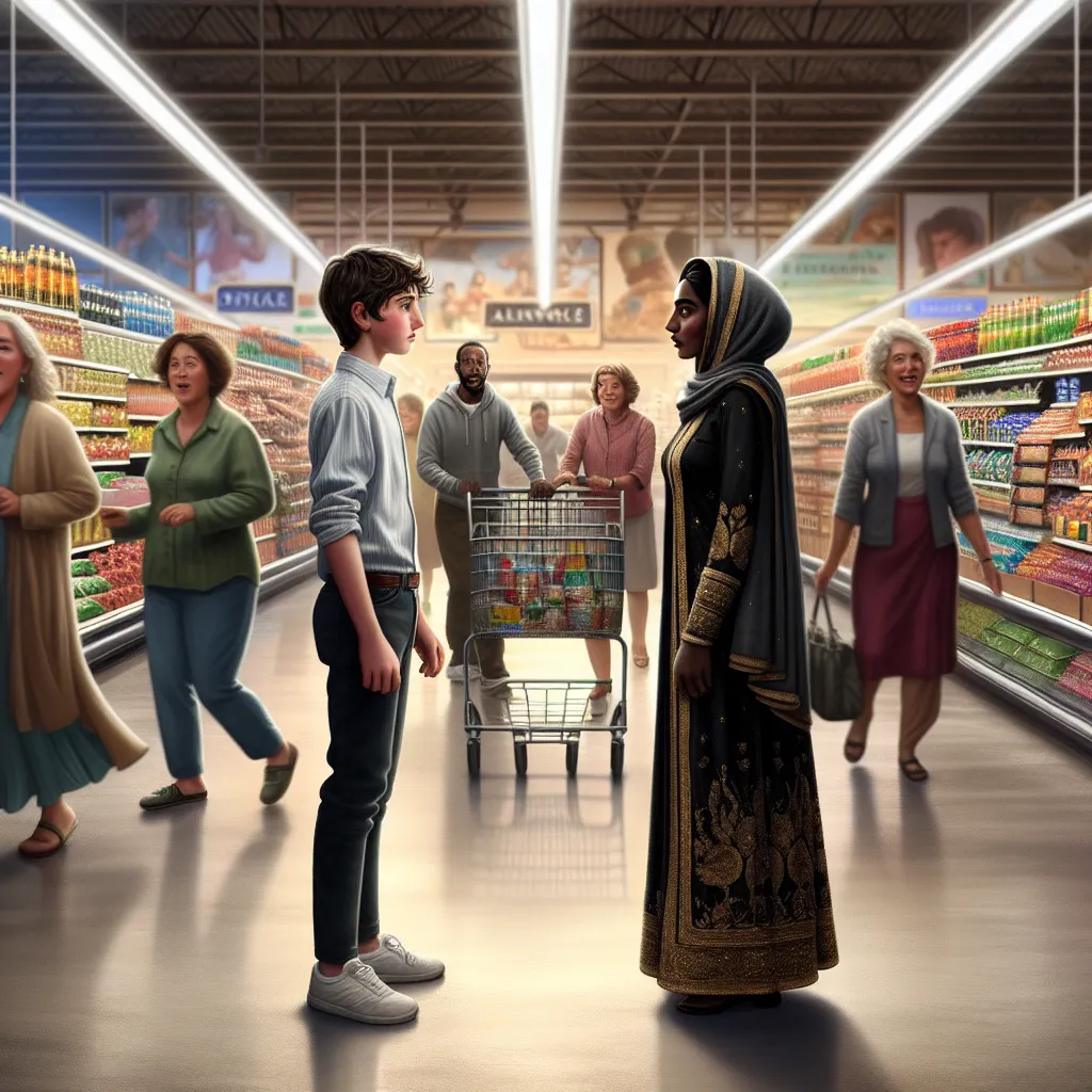 The image should capture the poignant moment in a bustling grocery store where young Ethan, invisible and forgotten, exchanges existence with Jamila, the dignified Afghan mother. The scene should showcase their initial shock and the subsequent transformation, conveying a mix of confusion, fear, and a sense of irreversible change. Shoppers should be visible in the background, unaware of the magical exchange unfolding in their midst. Ethan's small figure and Jamila's regal presence should stand ou