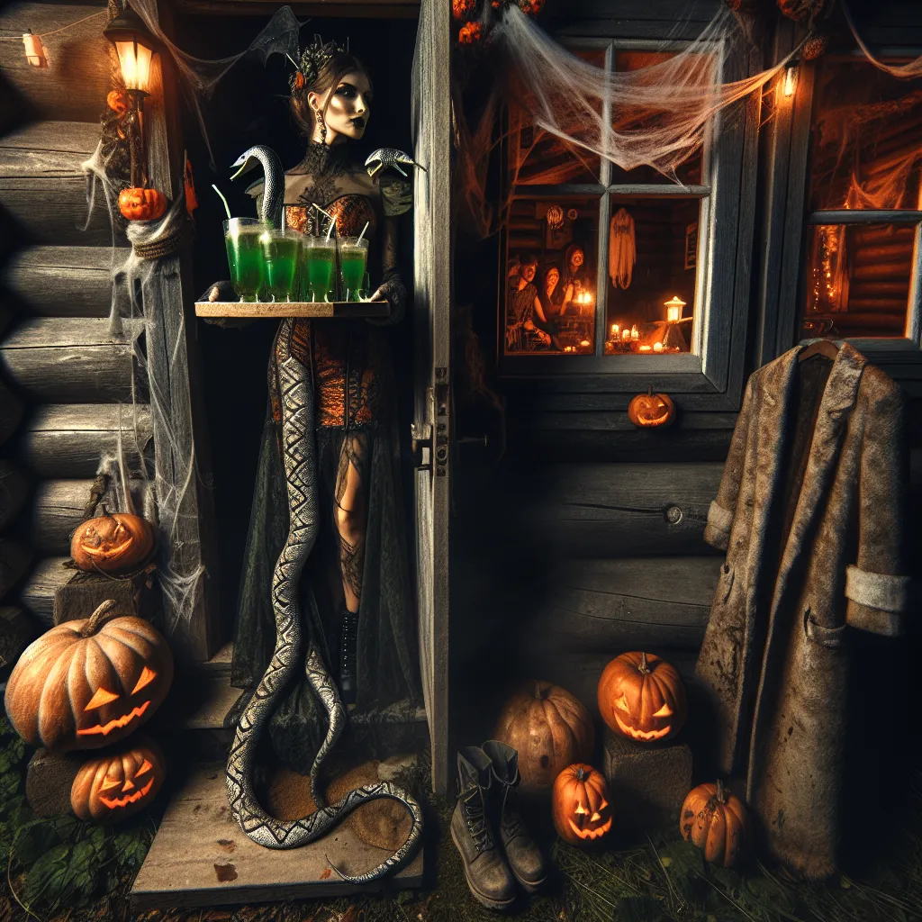 A young woman in a snake costume, clutching a tray of eerie green drinks, stands apprehensively at a cabin door adorned with Halloween decorations. Laughter and music emanate from within, as she waits for a response to her "Trick or treat" call. A mystery unfolds as she notices an uninvited guest's muddy coat and boot inside the cabin, adding an unexpected twist to her Halloween tale.