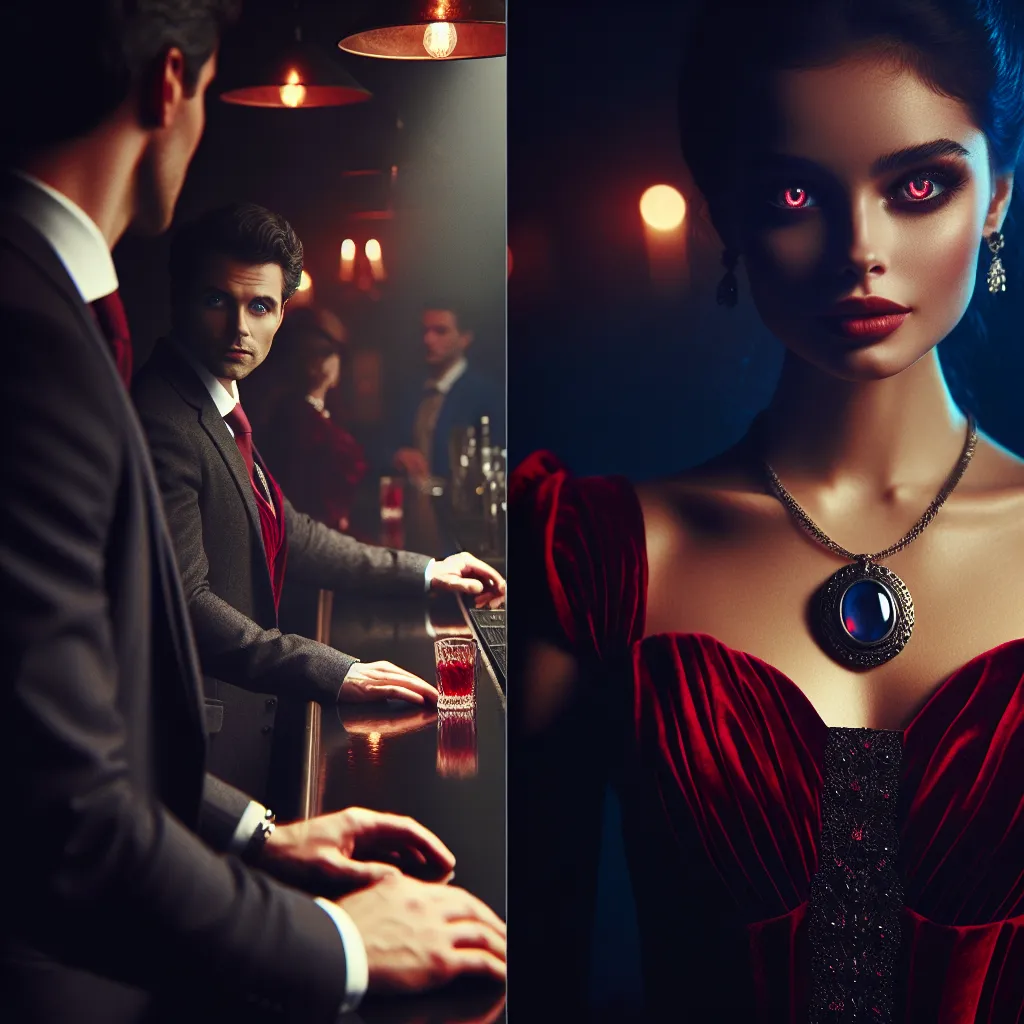 An atmospheric image of a mysterious woman in a crimson dress, with eyes the color of old wine, standing in a dimly lit, upscale nightclub. She is elegantly poised at the bar, with a heavy locket around her throat, as the protagonist, Jess Lane, intrigued yet apprehensive, interacts with her. The scene captures the tension and unspoken connection between the two characters in the midst of a mesmerizing and enigmatic encounter.