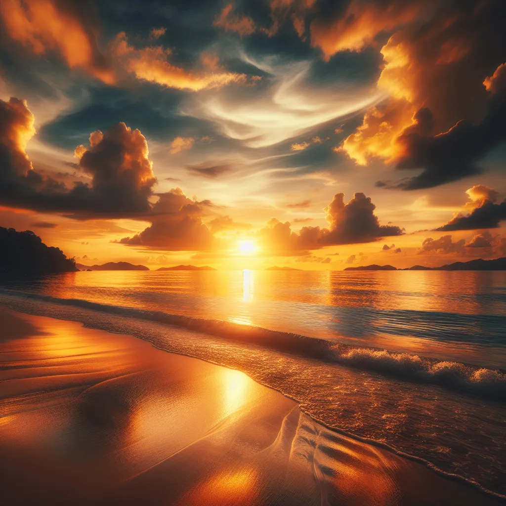 A beautiful sunset over a serene beach, with warm golden hues coloring the sky and sparkling reflections on the calm ocean waters.
