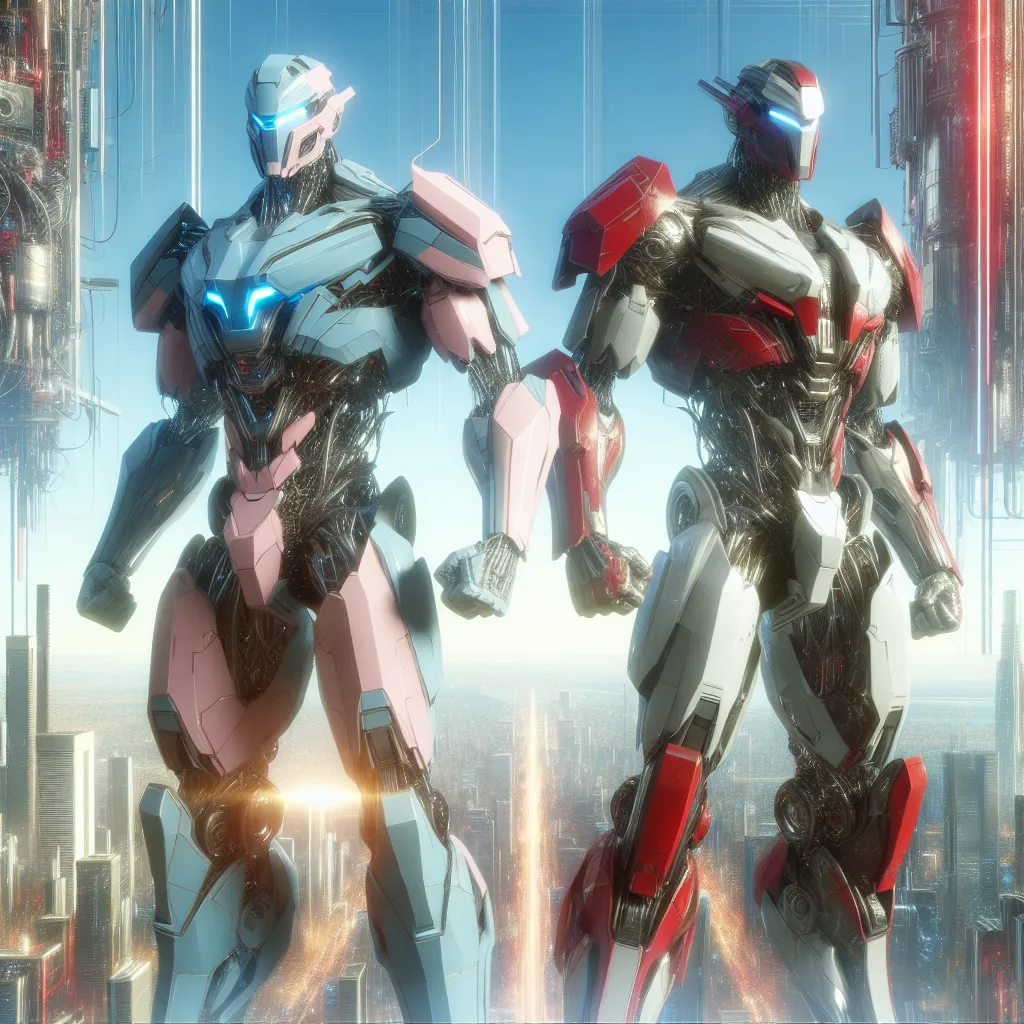 An image depicting two colossal, metallic figures standing tall in the cybertronian landscape. One figure is clad in pink and light gray armor with light blue accents, while the other figure is adorned in red and black armor with white details. The figures, formerly known as Charlie Morningstar and Alastor the Radio Demon, have been transformed into powerful, sentient robots named Dynamo and Torpedo Blast. They now embrace their cybertronic identities as they stand side by side, ready to fulfill