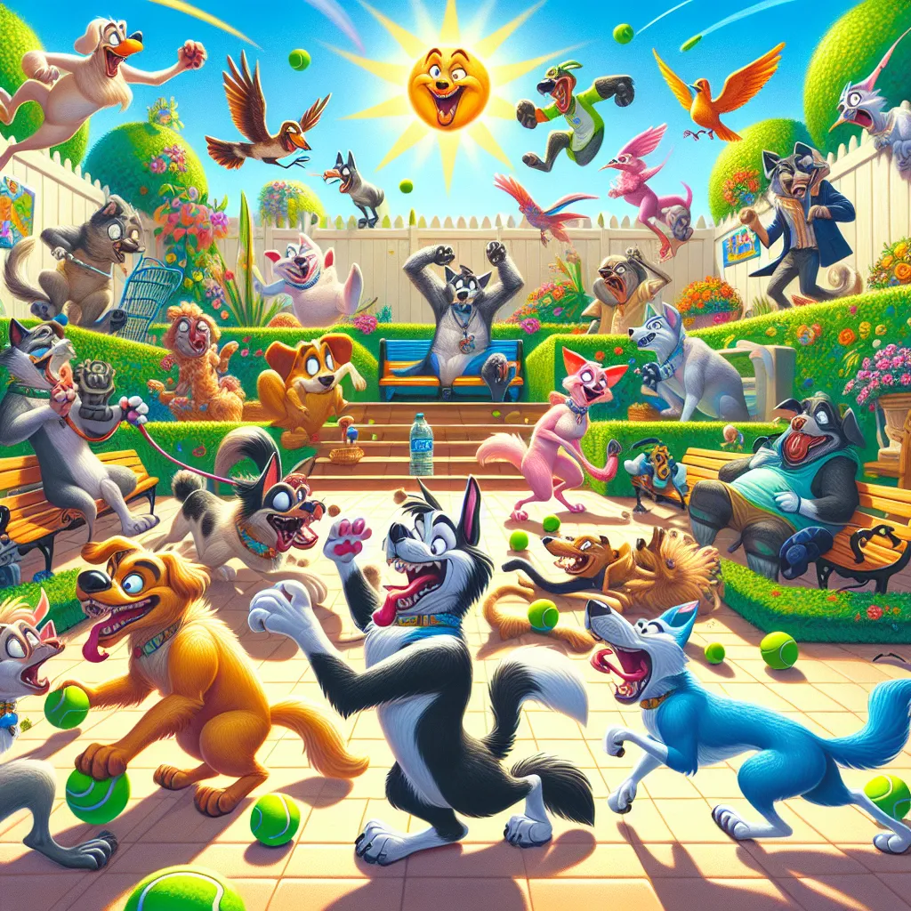 A colorful illustration featuring the characters from "Littlest Pet Shop: A World of Our Own" in a sunny courtyard setting. Roxie, Bev, Edie, Jade, Quincy, and Trip are depicted engaging in comedic antics as Trip tries out a new Hypno-Wheel, causing chaos and laughter among the group. The pets are shown frozen in funny poses, chasing tennis balls, and swapping personalities in a light-hearted and playful manner. The vibrant and whimsical artwork captures the spirit of friendship and mischief in 