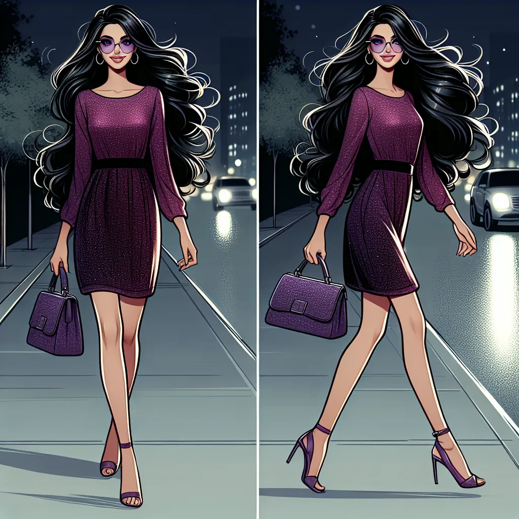 The image is a depiction of a young woman, Sofia Martinez, confidently strutting down a road at night. She is wearing a short, glittery purple dress that clings to her feminine curves, paired with matching purple sandals. Her long, black, wavy hair cascades down her back, and she wears sunglasses with sparkling purple frames perched on her forehead. With a purse draped over her shoulder and a flirty smile on her face, Sofia exudes confidence and self-assurance.