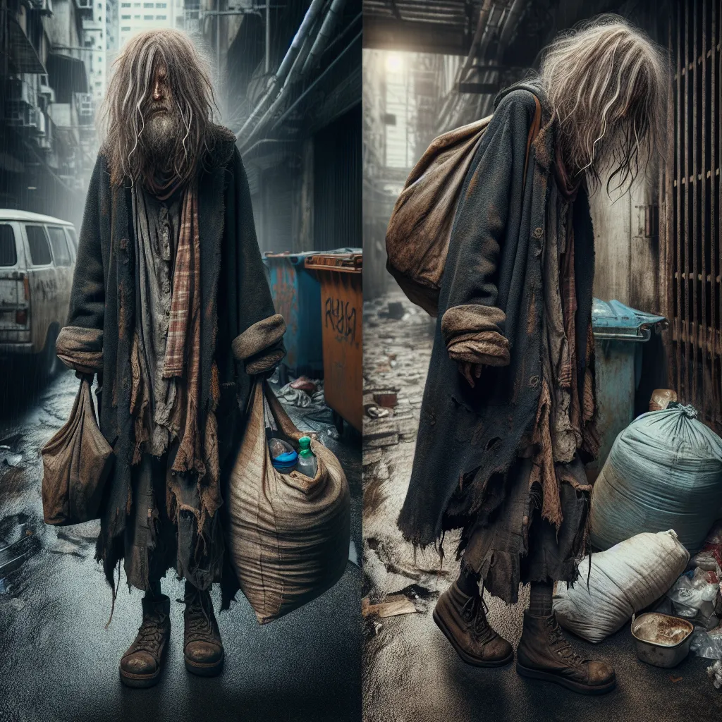 A composite image of a homeless woman named Jennifer, visually depicting her deteriorating appearance and the hardships she faces on the streets. She is shown wearing a stained and tattered tank top, ripped and frayed short shorts, and worn-out wedges. She carries a faded and torn purse on her shoulder, filled with feminine items. Her unkempt blonde hair flows freely, and her face bears the signs of addiction, with a melancholic and weary expression. The background portrays a dimly lit city stre