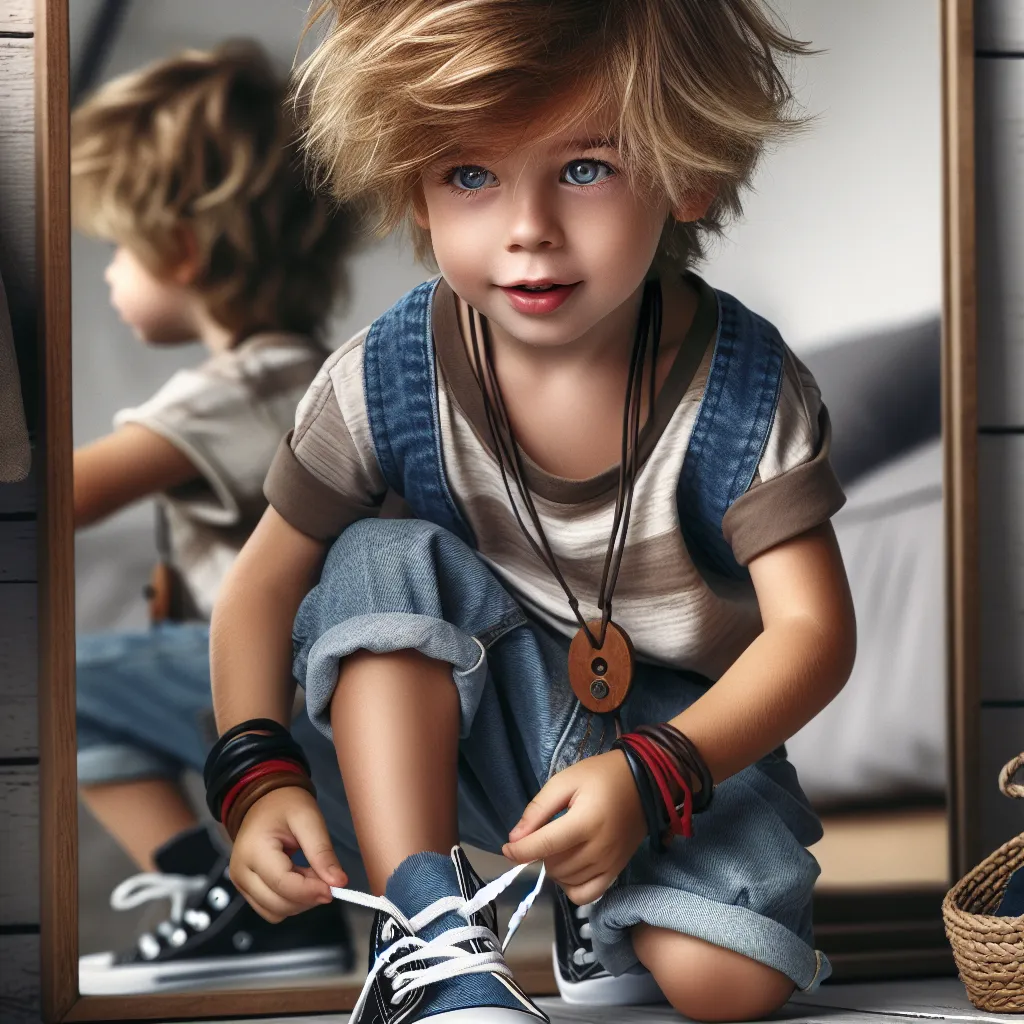 An image of a young boy with tousled dirty blond hair and blue eyes, standing in front of a mirror in a woman's outfit, struggling to remove platform sandals and jewelry.