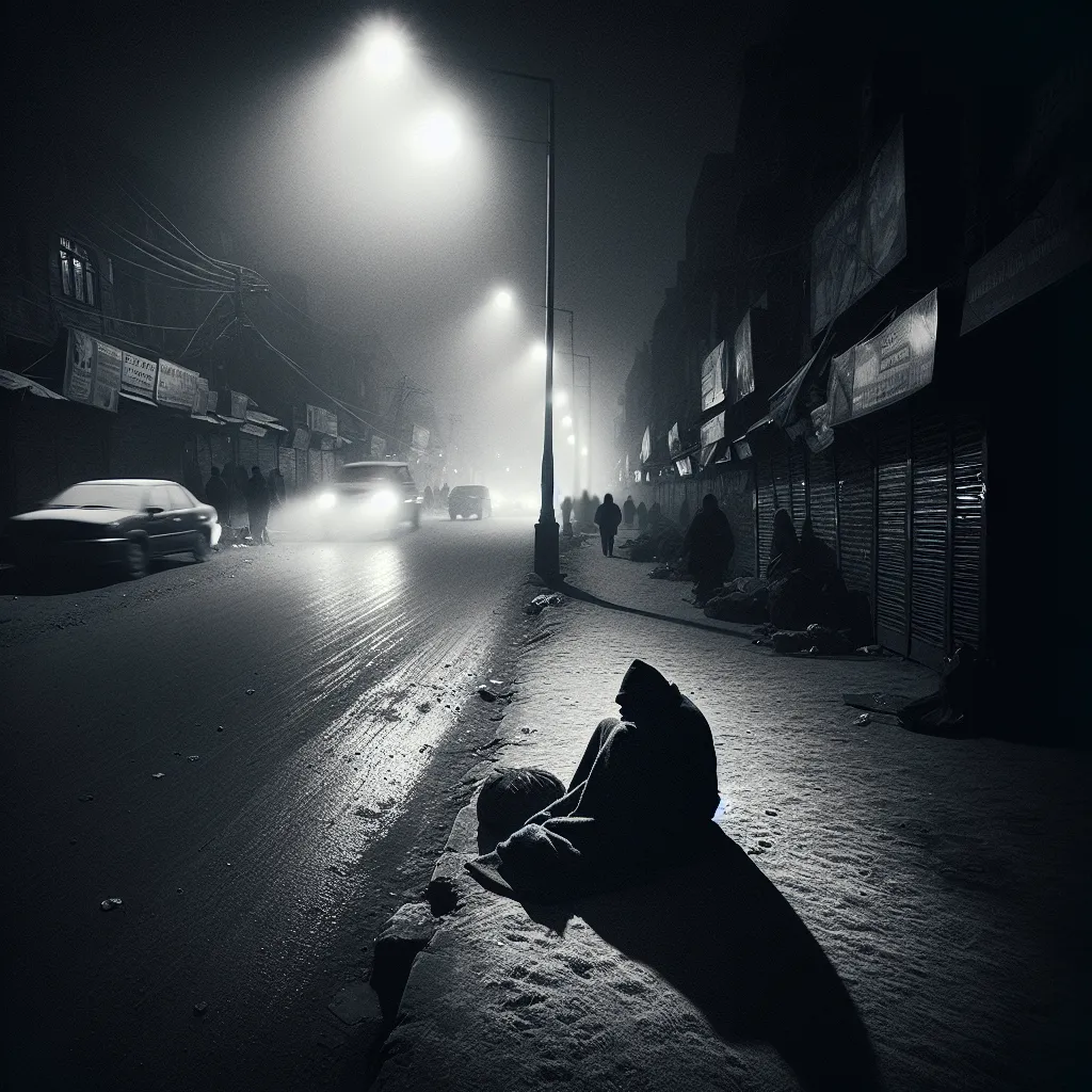 A grayscale image depicting a bleak street scene at night, with dim streetlights glowing in the background. The central focus is a figure huddled on the cold ground, covered in a tattered blanket. Dark shadows and the faint outline of other homeless individuals can be seen in the surrounding area. The image evokes a sense of loneliness, struggle, and forgotten lives.