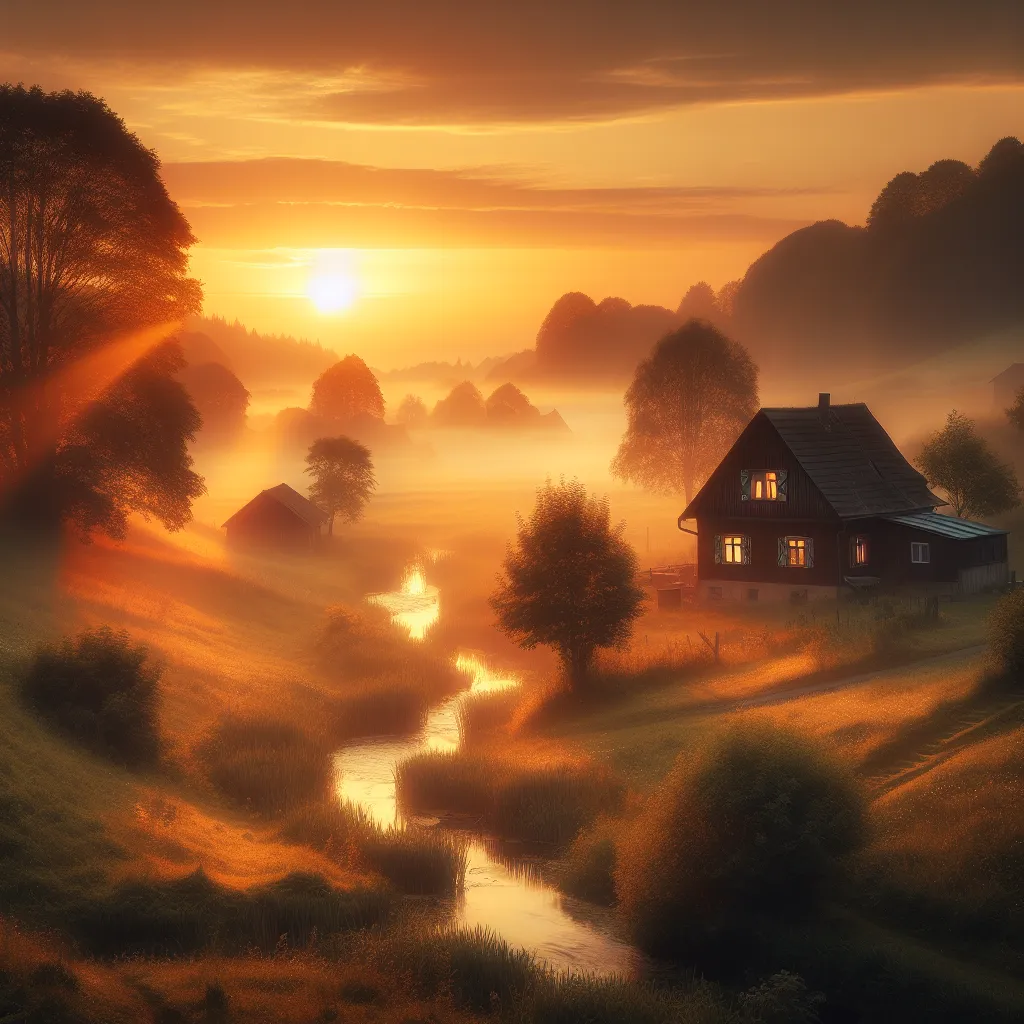 A serene, golden sunset over a peaceful countryside with a small rustic house and a winding stream bathed in soft, warm light.