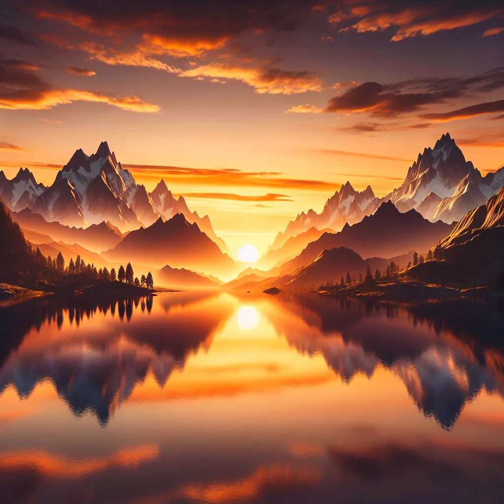 A serene sunset scene depicting a mountain range with snow-capped peaks and a calm lake reflecting the warm hues of the setting sun.