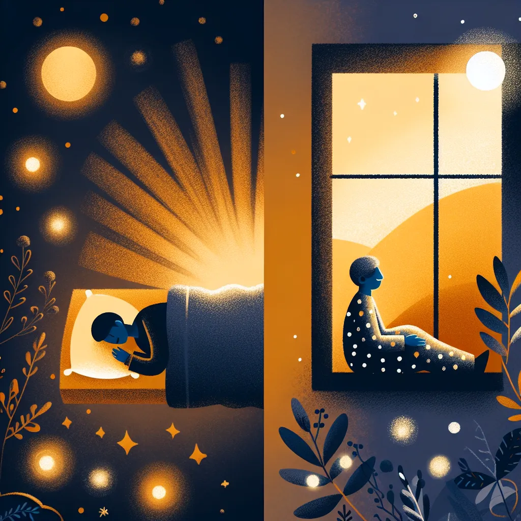 A cozy, warm-toned illustration of a couple connected across distance: on one side, a person peacefully sleeping under a soft blanket with a glowing nightlight nearby; on the other side, the other person waking up happily by a sunny window with morning light streaming in. Subtle heart-shaped light or gentle sparkles symbolize their love bridging the gap between night and morning.