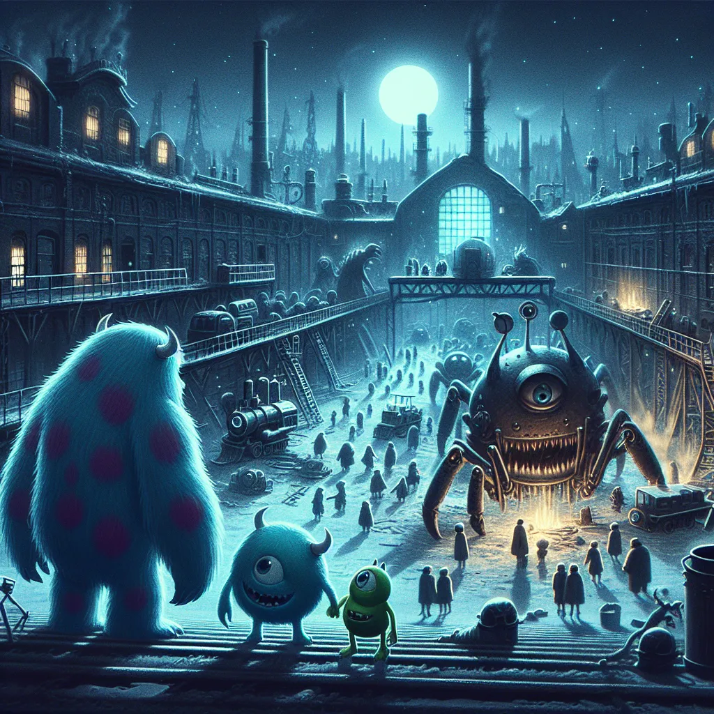 In an eerie depiction of the alternate ending to Monsters Inc., the image portrays the desolate aftermath of a dark revelation. Monstropolis is shrouded in shadows, its atmosphere permeated by coldness and unease. The once-bustling factory now lies abandoned, its eerie silence overshadowing the absence of children's screams. Sully and Mike, once the top scarers, bear the weight of guilt as they confront the horrifying truth that the energy harnessed from children's fear was actually draining the