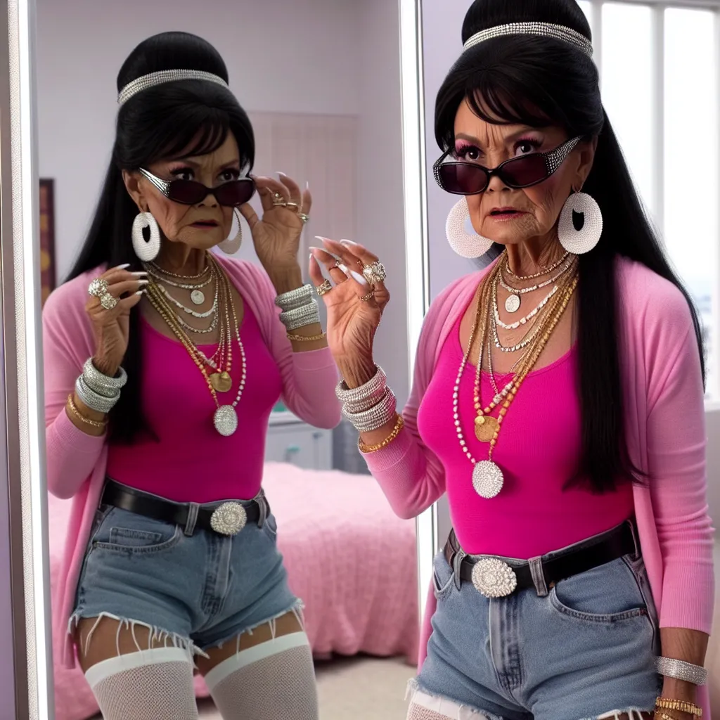 A confused woman named Lucia, now transformed into the likeness of her friend's mother, stands in front of a mirror wearing a bright pink tank top, denim shorts, white rhinestone flip flops, and oversized black sunglasses. Her long black hair is styled in a traditional bun, and she wears several pieces of jewelry, including large hoop earrings, a gold necklace, a silver bracelet, an ankle bracelet, a diamond ring, and a wedding ring. Her appearance reflects her new identity, but she grapples wit