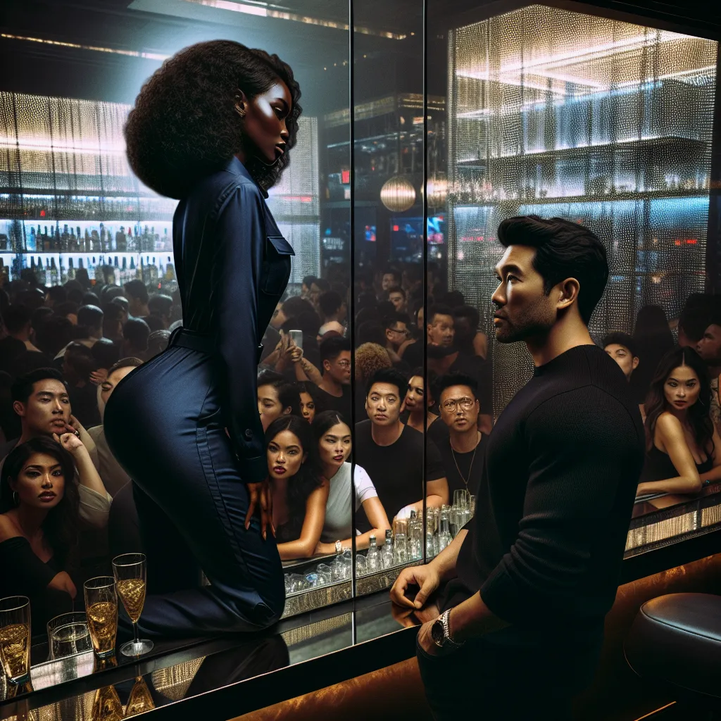 The image features a dark, bustling nightclub with mirrored walls and a thumping dancefloor. In the center, a woman with swooping dark hair, clad in a navy jumpsuit, watches over the crowd from a glass-enclosed VIP booth. A man in a black crewneck stands at the crowded bar below, his gaze meeting hers with an intensity that hints at a shared connection. The dynamic between these two characters captures a moment of tension and potential in the midst of the city's chaotic nightlife.