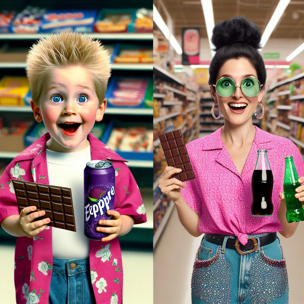 An image of a six-year-old boy named Max with bright blond hair and big blue eyes, standing in a grocery store aisle holding a chocolate bar and a grape soda. He is looking excited and joyful, with his hair short and spiky. Next to him is a woman named Linda, wearing a bright pink shirt with white flowers, sparkly blue jeans, green flip flops, and big round glasses. Linda has long black hair tied back in a bun and brown eyes. The image captures a moment of surprise and wonder as Max and Linda re