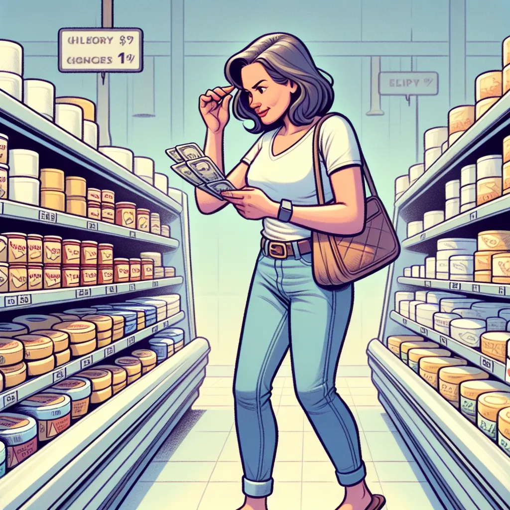 A woman named Dorothy searches for a specific cheese in a grocery store. She is wearing a plain white t-shirt, jeans, and brown flip-flops. She carries a purse and clutches some money in her hand. She is determined and focused on her task.