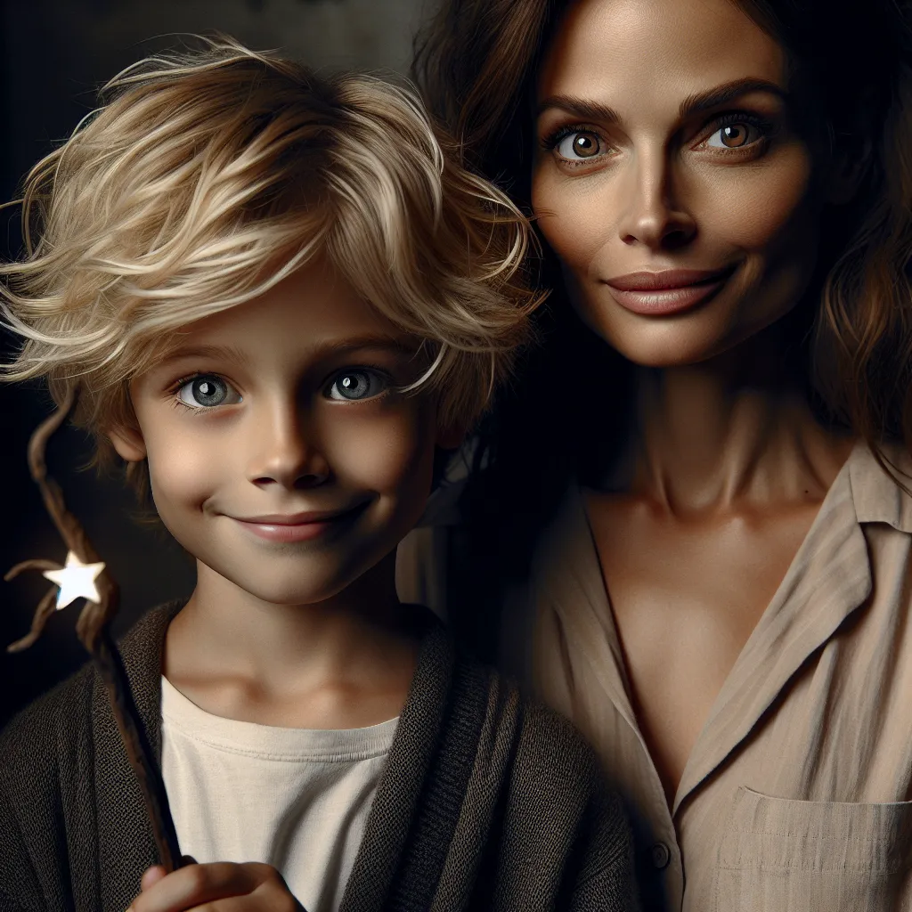 An image of a young boy with blond, tousled hair, bright blue eyes, and a mischievous smile. He is accompanied by his mother, a woman with brown, wavy hair, warm hazel eyes, and a reassuring expression. The image captures a moment of uncertainty and wonder as the boy holds a magical stick, surrounded by the mystery of his recent transformation.