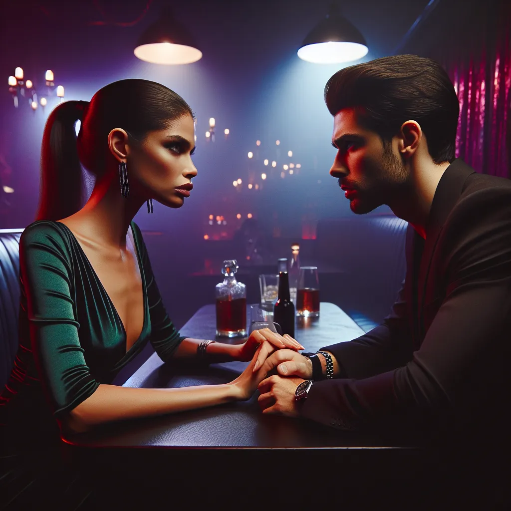 A tense moment unfolds in a dimly lit nightclub booth as Ava, the determined owner of Velvet Ember, confronts a mysterious man with accusations and a simmering mix of anger and attraction, captured in this dramatic romance scene.