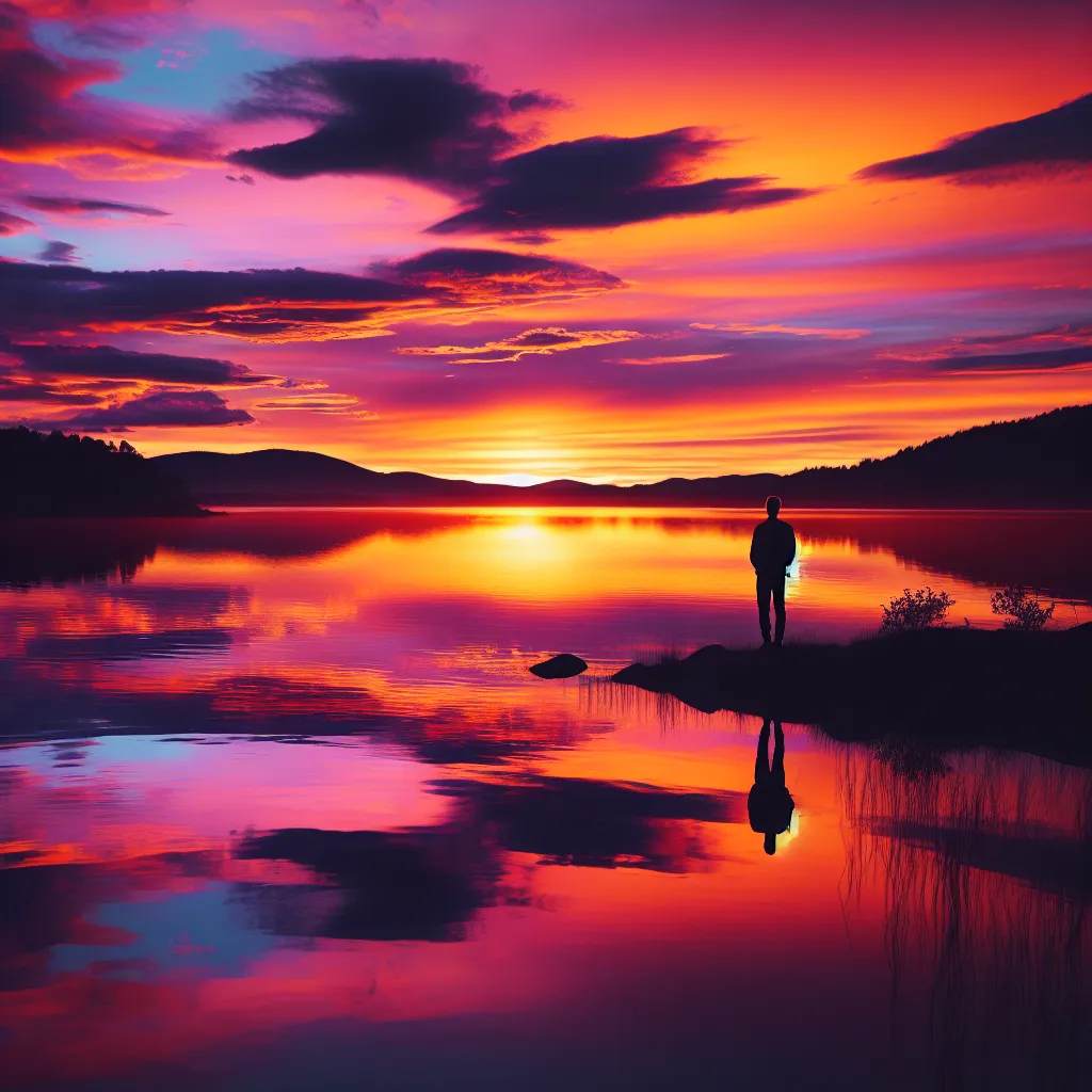 Description: A beautiful sunset over a serene lake, reflecting vibrant hues of orange, pink, and purple in the calm waters. A solitary figure, silhouetted against the colorful sky, stands on the shore, contemplating the tranquility of the scene.