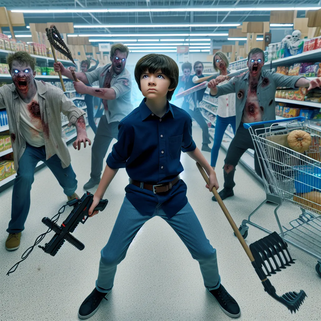 The concise description for the image accompanying this story could be: "A young boy turned hero, now trapped in the body of an older woman, fights off zombies in a grocery store with improvised weapons."
