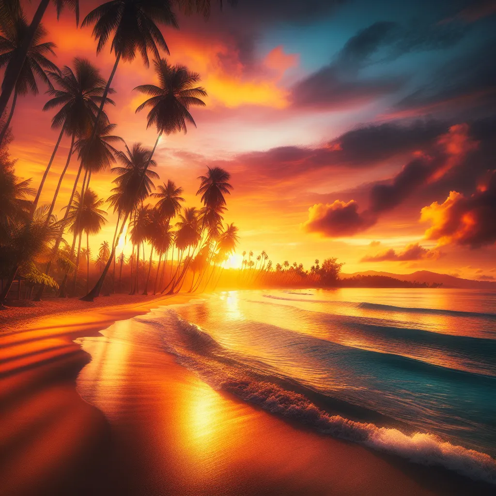 A mesmerizing sunset illuminating a serene beach with palm trees and gentle waves rolling onto the shore.