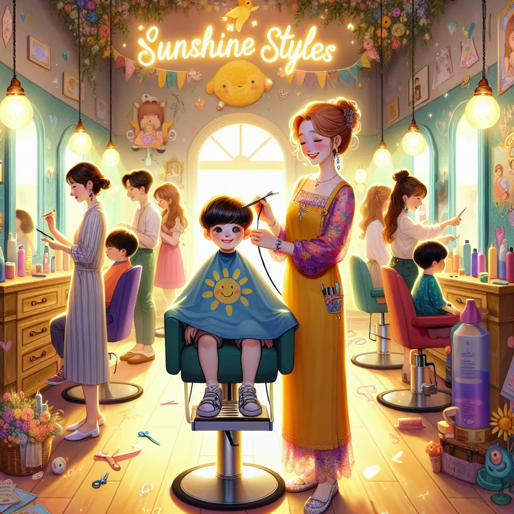 A young boy named Ethan, curious and nervous for his first haircut, has a magical transformation in a bright salon called "Sunshine Styles." Through a whimsical series of changes, he becomes a calm and skilled Korean hairstylist named Hyejin Park, who adorns herself in vibrant colors and delicate jewelry. The transformed Hyejin finds joy in her work, family connections, and simple pleasures, living contentedly in her cherished salon.