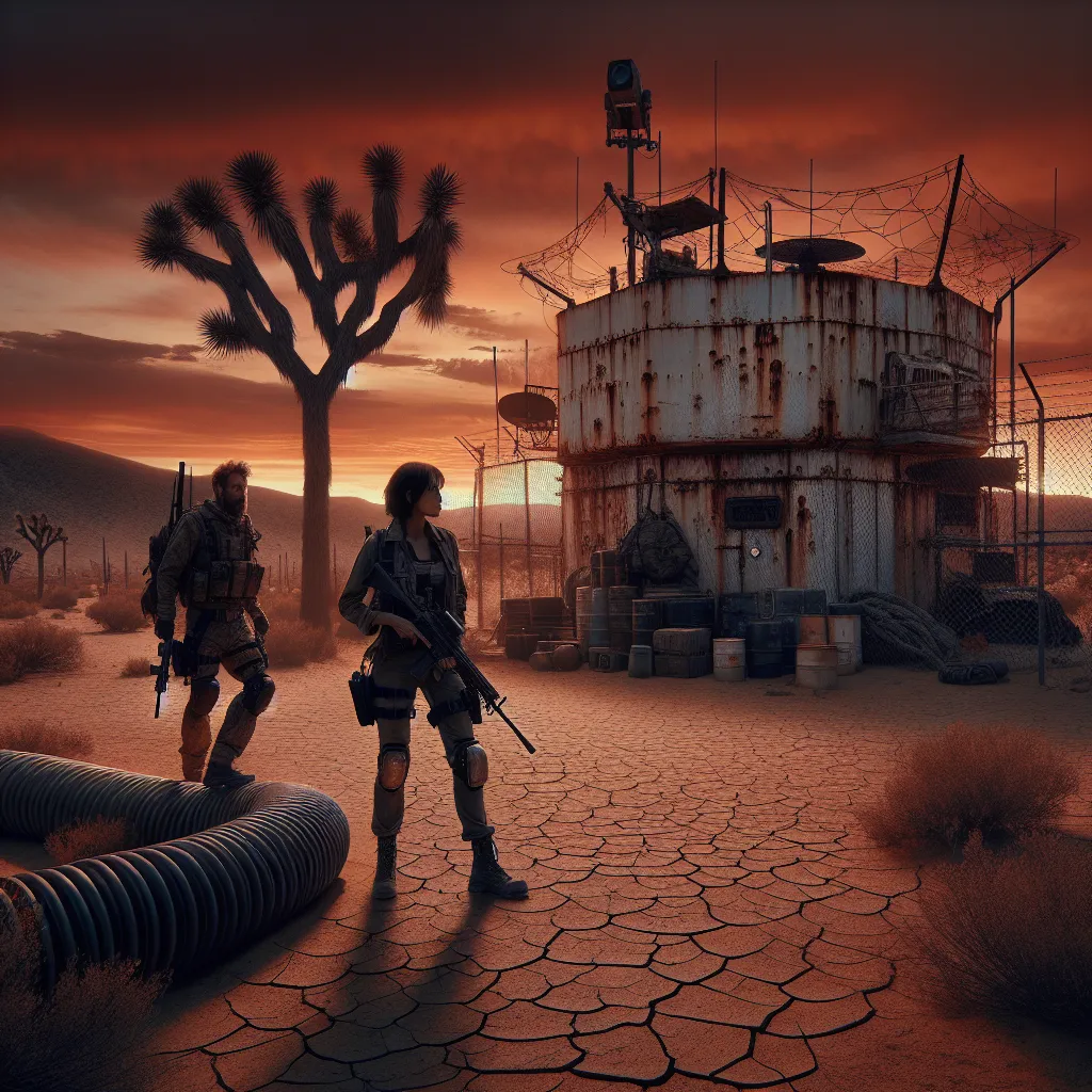 A tense desert scene at sunset: a worn, rusted metal bunker with peeling white paint and razor-wire-topped chain-link fences, surrounded by cracked earth and sparse Joshua trees. Mutant Laura, alert and cautious, watches vigilantly from the shadows near a warped pipeline as her burly companion Logan and a nervous blonde ally approach the fortified compound guarded by sensors, gun turrets, and stacked chemical barrels. The glowing red-gold sky casts long shadows over the ominous, isolated outpost