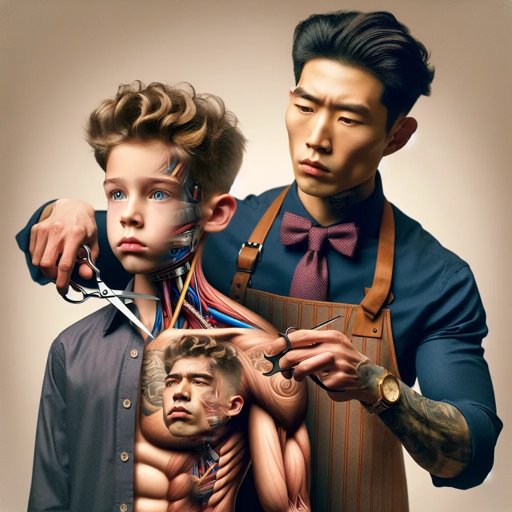 A detailed image depicting a young boy named Timmy swapping bodies with a Korean barber named Mi-kyung. The image shows the transformation process as Timmy's appearance changes to reflect Mi-kyung's characteristics, including clothing, jewelry, hairstyle, and physical features. Timmy, now in Mi-kyung's body, is seen struggling to comprehend the situation while Mi-kyung confidently assumes Timmy's former identity. The scene captures the emotional complexity of the body swap and the adjustment bot