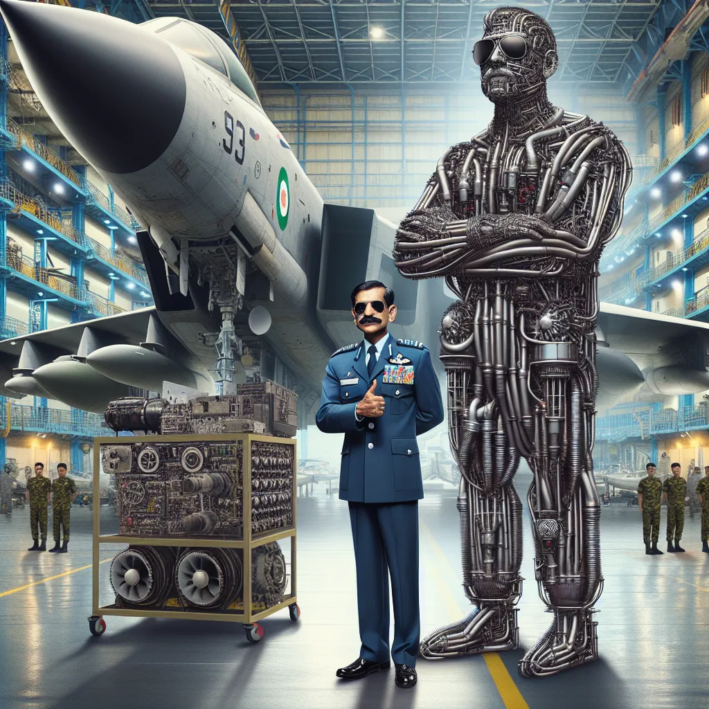 An image is generated depicting an air chief marshal standing in a hangar filled with advanced Striker Units and the iconic 501st Joint Fighter Wing. Next to him is a towering mechanical structure known as the Soul Exchanger, equipped with invasive machinery, tubes, and metallic plates. The image captures the tense atmosphere and showcases the air chief marshal's ambition and satisfaction in approving the latest test results.