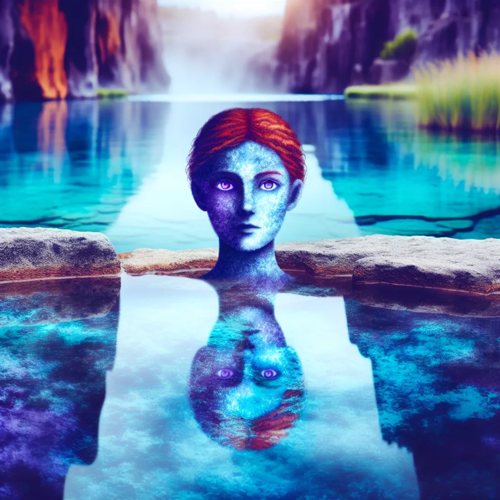 A person stands in the midst of a tranquil hot spring, their reflection showing a young woman with silky red hair and mysterious violet eyes, undergoing a powerful transformation that defies their former identity.