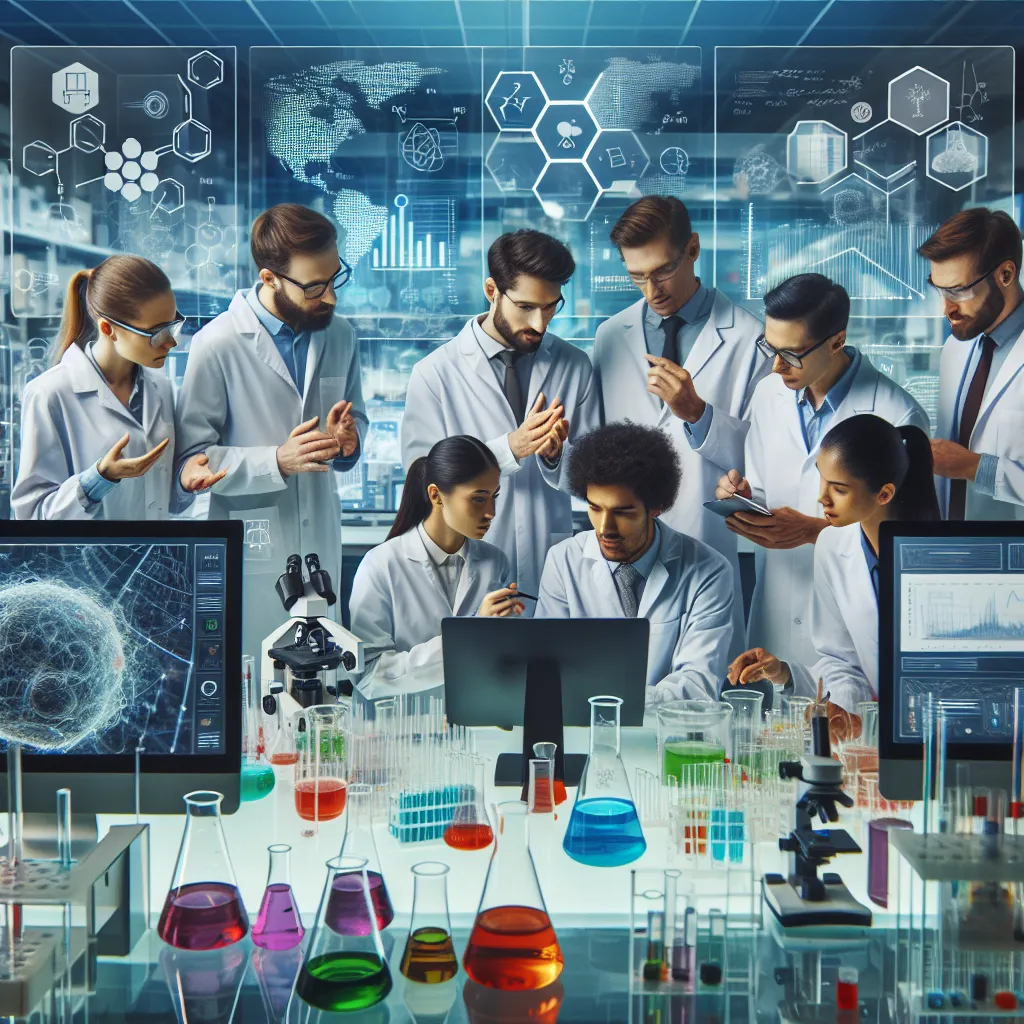 A group of diverse scientists conducting experiments in a high-tech laboratory.