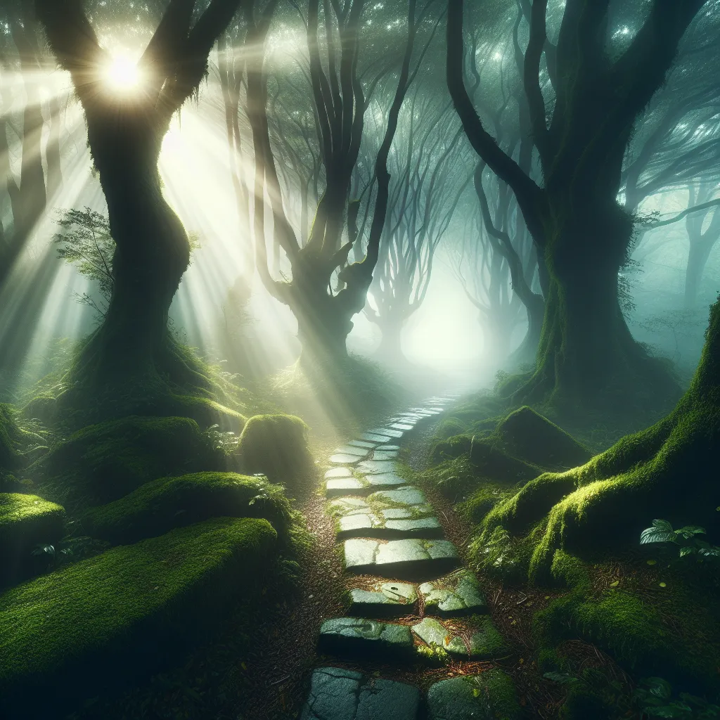 Title: "A Journey of Light and Shadows"

Description: "An otherworldly landscape shrouded in ethereal mist, revealing an ancient stone pathway that winds through towering trees. Brilliant rays of sunlight pierce through the canopy, casting dappled shadows on the moss-covered ground, inviting viewers on a mysterious and enchanting adventure."