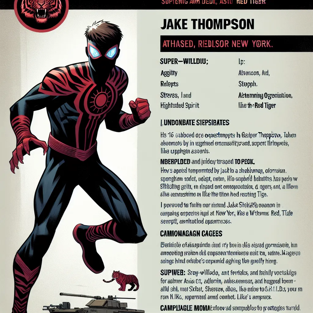 Meet Jake "Red Tiger" Thompson, a 16-year-old prodigy from New York who has found himself at the center of a dangerous world he never asked to be a part of. His life took a dark turn when a shadowy organization targeted him for a series of experiments. These experiments weren't just any ordinary tests; they were intended to create the perfect superhuman weapon. Jake emerged from them no longer an average teenager but someone imbued with extraordinary powers inspired by the fierce and enigmatic r