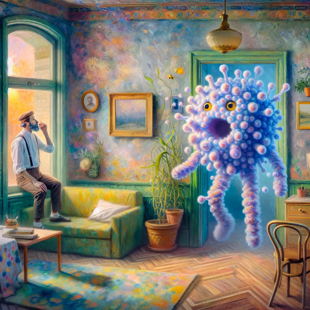 Virus, Transformation, Comedic, Roommate, Surreal. in the style of Monet