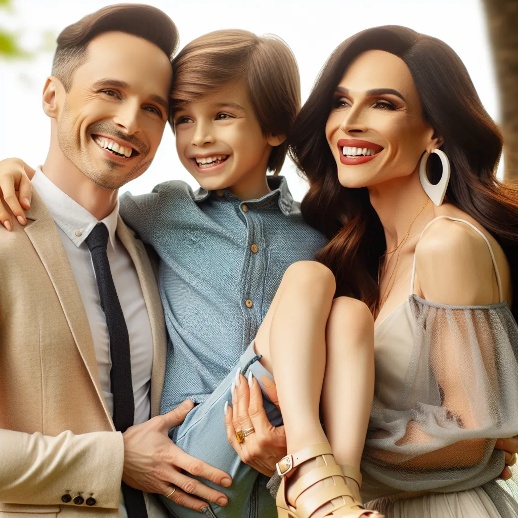A family portrait of Tommy Jenkins (now Rebecca Jenkins), her husband, and their son, captured in a loving and joyful moment. Rebecca, dressed in a stylish outfit and platform sandals, exudes confidence as she embraces her new role as a wife and mother. The image showcases the strength of family bonds and the resilience and acceptance that comes with embracing change.