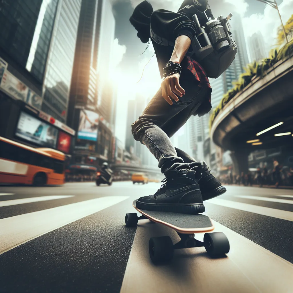 A person wearing a skateboard takes a sharp turn on a street.