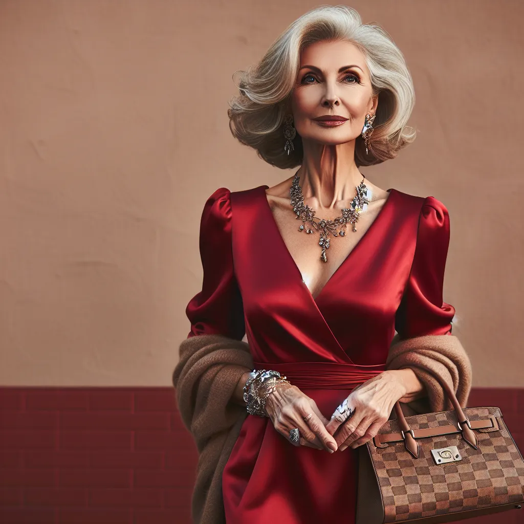 An image of a confident and stylish older woman, dressed in an elegant red dress and wearing expensive jewelry, walking with purpose and carrying a designer purse.