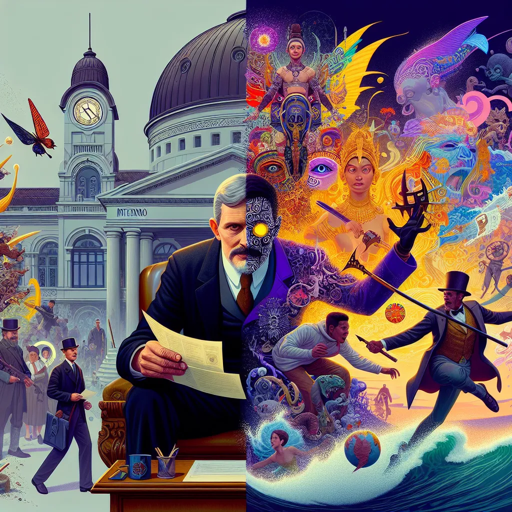 An image depicting the city of São Paulo transformed into a vibrant, eclectic fusion of cultures and styles. The image showcases the imposing Herrera estate, a grand colonial structure, while shadows cast eerie silhouettes across the protagonist, Francis Herrera, seated at his desk with a smirk, holding a telegram. A figure wielding an axe emerges from the shadows, joined by a member of the Hakurei clan dressed in a blend of traditional and modern attire. The trio journey together through the tr