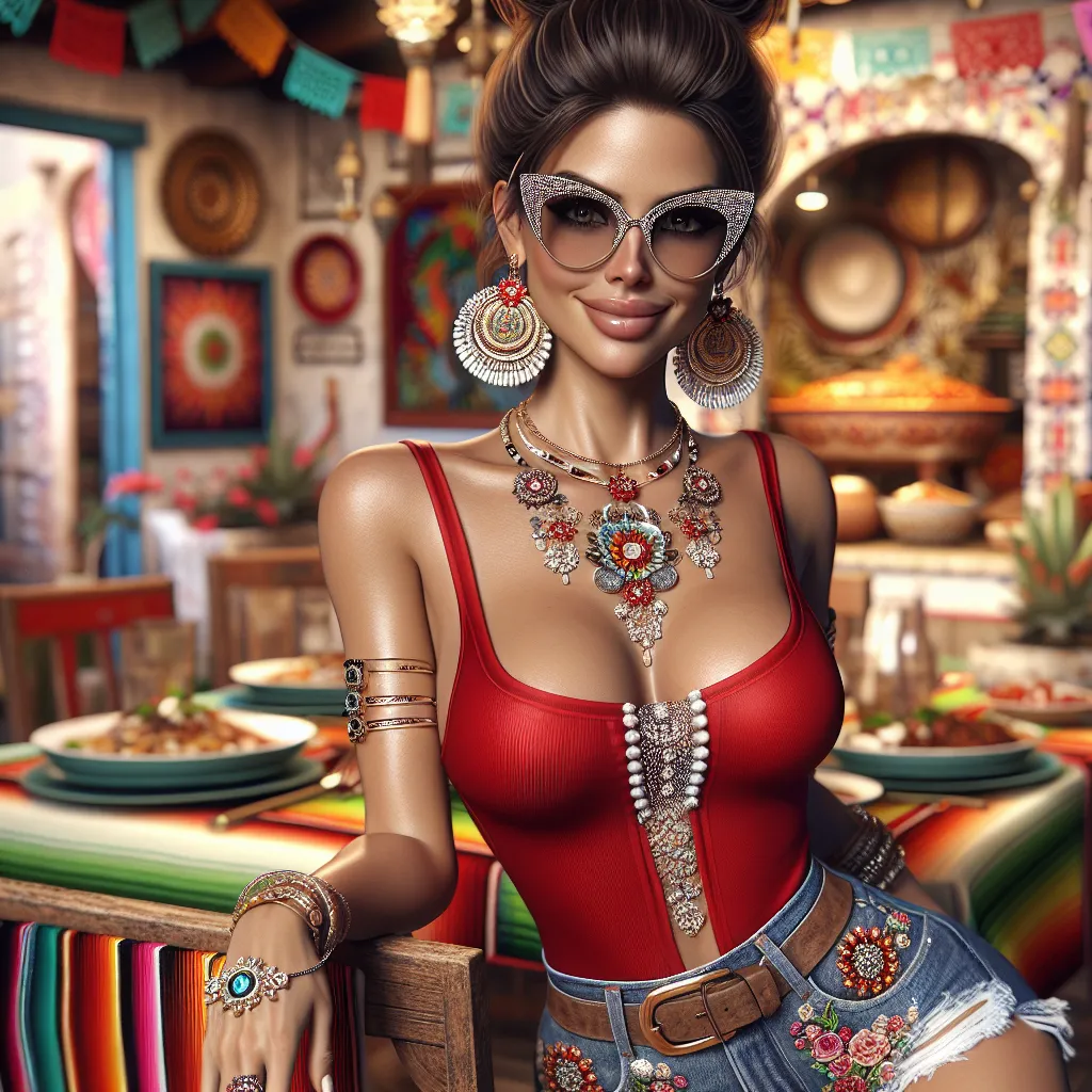 An image of a woman, Camila, in her 50s, with a vibrant red tank top and denim shorts, wearing feminine flip flops adorned with Mexican-inspired beadwork. She is smiling confidently, with her hair styled in a traditional bun and wearing stylish cat-eye sunglasses encrusted with rhinestones. She has several pieces of jewelry, including hoop earrings, a necklace, bangles, and rings. In the background, there is a colorful Mexican-inspired kitchen with delicious Mexican food on the table and lively 