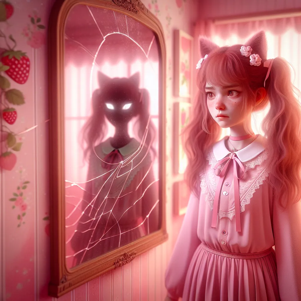 A young teenage girl with long red hair in twin pigtails, wearing a pink frilly school uniform and cat ears, stares with wide, conflicted eyes into a cracked mirror. Her expression is tense and haunted, a mix of confusion and despair. The room around her is softly lit with pink hues and adorned with delicate strawberry and floral decorations. Shadows hint at a faint, ghostly feline silhouette merging with her reflection, symbolizing the cursed transformation and fractured identity.