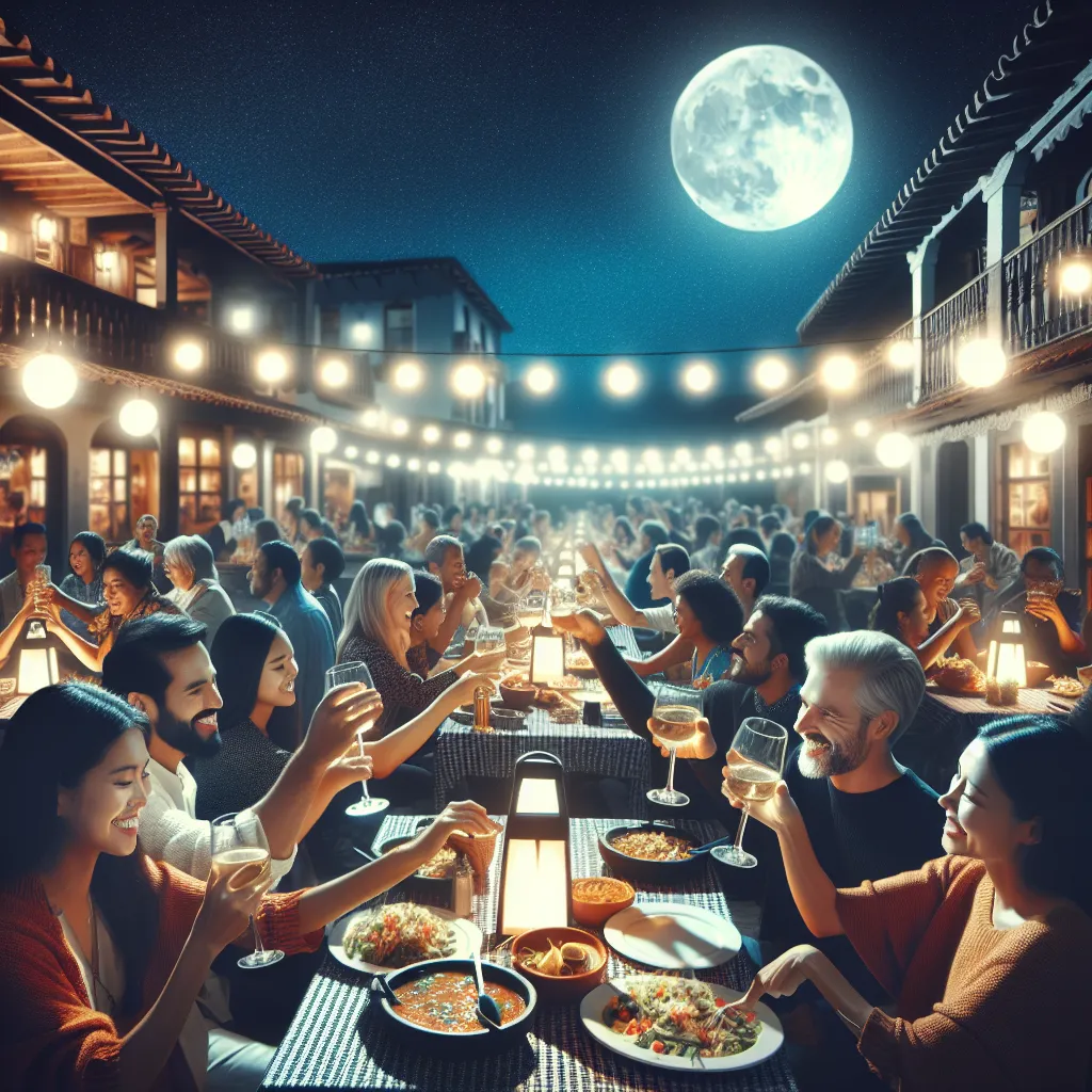 An image of a moonlit night with a crowded Mexican restaurant, filled with people sitting at tables, eating and toasting with glasses raised in celebration.