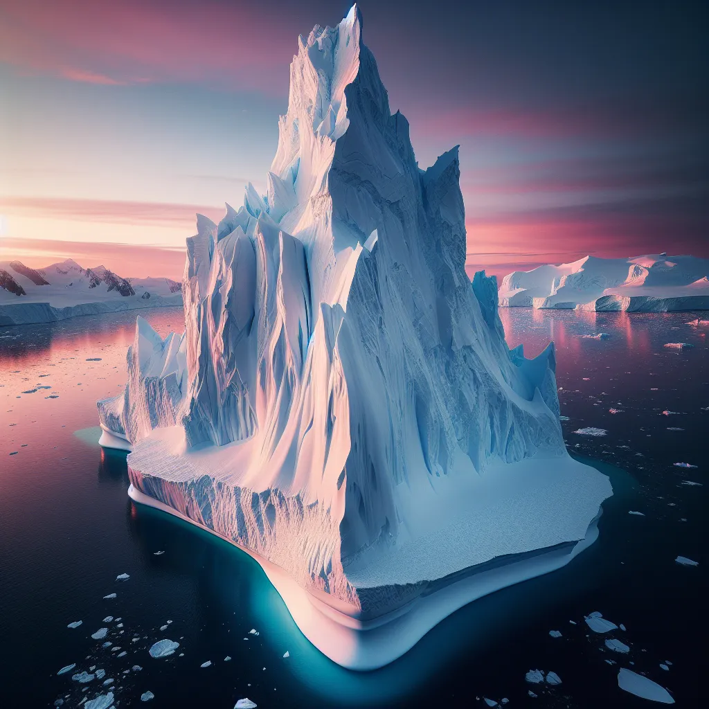 A majestic iceberg towering above the tranquil waters, surrounded by a horizon tinged with hues of pink and orange as the setting sun casts its final glow on this frozen masterpiece.