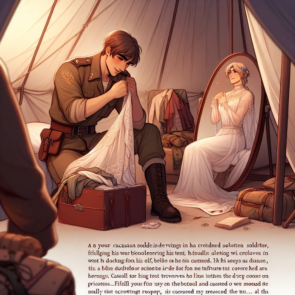 A young soldier finds solace in his tent, hidden away from the chaos of war. With secrecy and reverence, he reveals a hidden treasure: a bundle of clothes belonging to a girl named Celica. As he adorns himself in this delicate attire, he feels a surge of joy, finally seeing himself as he's always envisioned. With his reflection before him, he imagines a fantasy where his idol, Conrad, discovers him in all his delicate beauty and recognizes his true calling as a priestess. In this dream, Conrad g