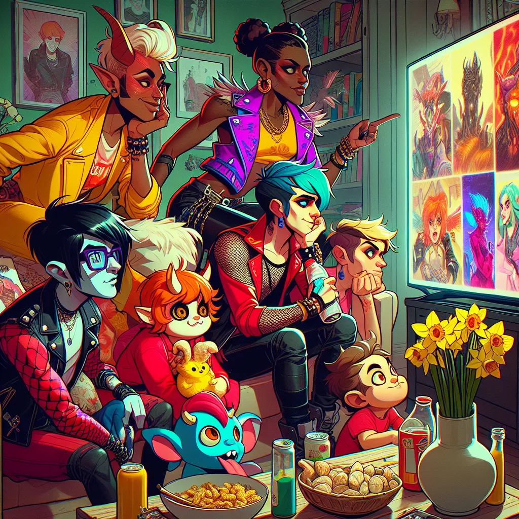 A vibrant and eccentric group of characters, Angel Dust, Blitzo, Charlie, Moxxie, and Loona, are engrossed in a TV screen displaying a barrage of memes. Their expressions range from wistful nostalgia to biting cynicism, reflecting their musings on the downfall of Gamecube, Coca Cola's transformation, and the shifting landscape of culture. In the midst of their banter, the room becomes a microcosm of modern ennui, with daffodils wilting outside as the characters navigate the delicate line between