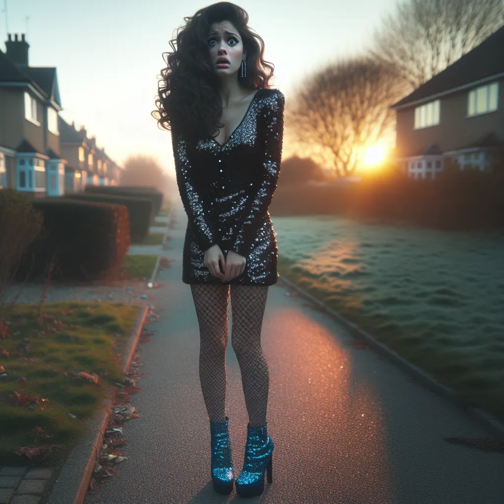 An image depicting a confused and worried woman standing alone outside a suburban neighborhood at dawn. She is wearing a black mini dress with silver sequins, fishnet stockings, sparkly blue high heels, and has curly dark brown hair. The image captures her as she looks longingly towards the viewer, projecting a mix of fear and hope on her face.